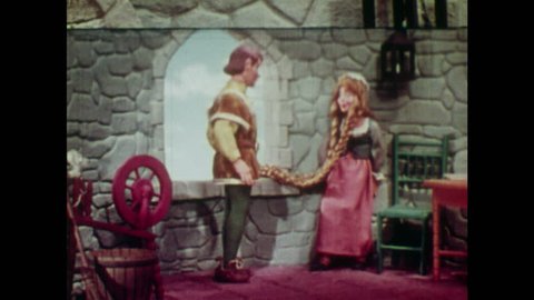 ANIMATED 1950s: Young man bows when he meets Rapunzel. Young man kisses Rapunzel's hand. Young man climbs down Rapunzel's hair.