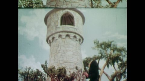 ANIMATED 1950s: Rapunzel throws down her hair for witch. Young man sees Rapunzel and her long hair. Young man falls in love with Rapunzel.