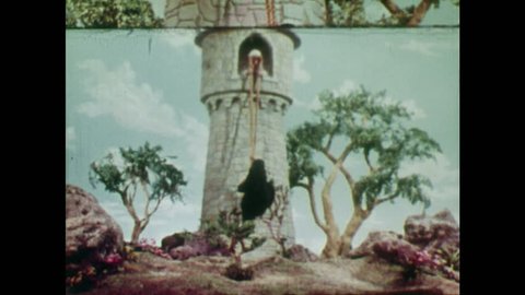 ANIMATED 1950s: Witch climbs up Rapunzel's hair. Rapunzel helps the witch to climb into the tower room. Witch takes a seat. Rapunzel pulls her hair back into the room and carries it.