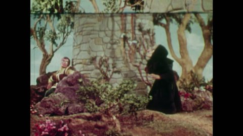ANIMATED 1950s: Witch climbs up Rapunzel's hair as young man watches from hiding place.