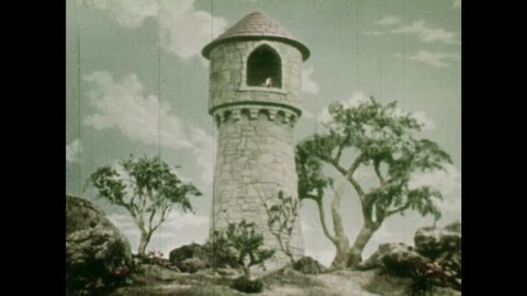ANIMATED 1950s: Stone tower and a tree. Rapunzel brushing her hair inside a tower. Puppet Rapunzel brushing her hair in her room.