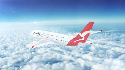 UNITED STATES, CIRCA 2016:  In-flight Qantas (Australia) Airbus A380 passenger aircraft flying high above the skies. A380 is a double-deck, wide-body, four-engine jet airliner manufactured by Airbus.