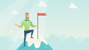 Happy Caucasian hipster successful businessman with beard holding a red flag on the top of the mountain of success. 2D animation 4K footage with space for a text. Business success concept.