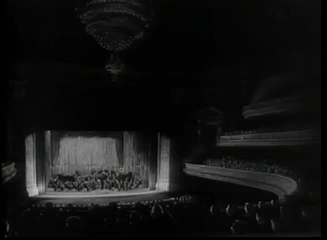 Wide angle view of orchestra performing in theater