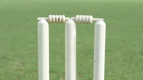 Bails fly off cricket stumps after being hit by a cricket ball