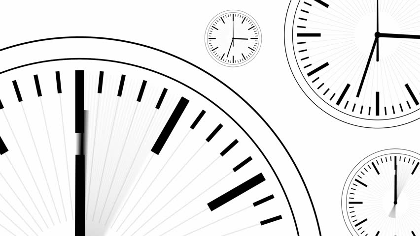 Black and white simple layout depicting numerous clock faces running at