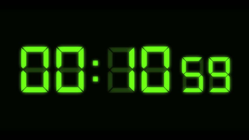 Computer generated animation of digital alarm clock LEDs counting down from ten