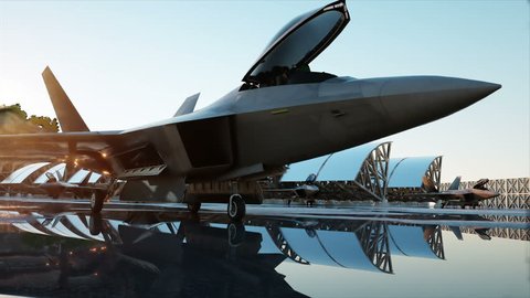  military fighter jet. military base. sunset. 3d animation.