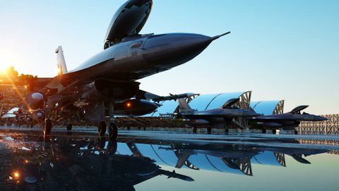 military fighter jet. military base. sunset. 3d animation.