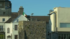 Irish Flag on the one building of Spanish Arch location i Galway city. 
