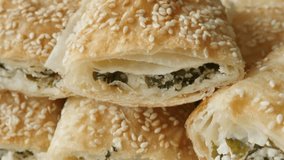 Rolled thin sheets of dough baked with filling close-up 4K 2160p 30fps UHD footage - Served on plate filo pie with sesame cheese and spinach 3840X2160 UltraHD panning video
