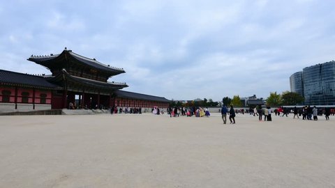 SEOUL, SOUTH KOREA - OCTOBER 2016:Time lapse Tourits Visit of Gyeongbokgung Palace, Seoul, South Korea