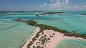 Aerial view of exotic islands with buildings and piers for yachts, Exuma, Bahamas