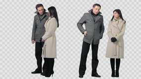 Smart man & stylish girl stand side by side. Winter clothes. Footage with alpha channel. File format - mov. Codec - PNG+Alpha. Two clips at one price