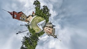 Tiny Little Planet 360 Degree Timelapse. Kiev. Museum of Water. Puppet Theatre. These Buildings Are Located in Park With Lawns. Mini Planet, the Planet-City of Kyiv, Kyiv City Tour, Tour Ukraine