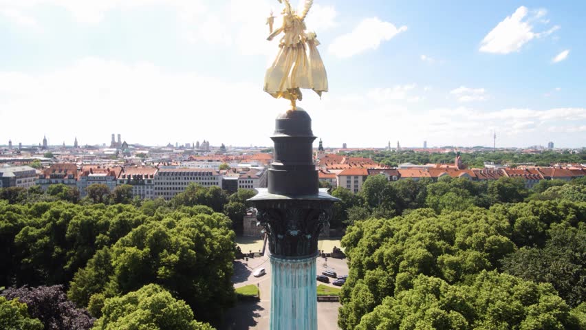 Munchen Friedensengel ( Angel of Peace) aerial video in 4k. Bavaria, Germany.