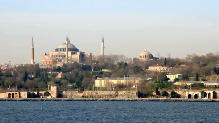 Istanbul view from the sea with landmarks as Hagia Sophia and Topkapi Palace