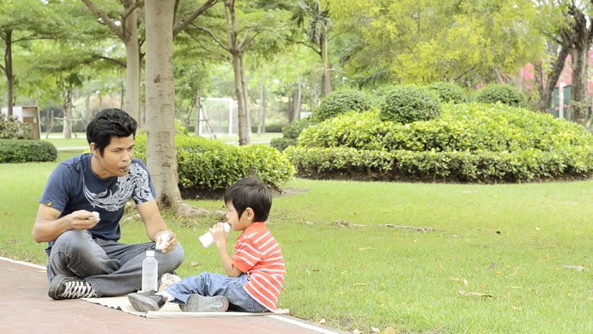 Asian father and son having a picnic together in a park.