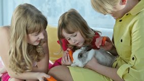 Young beautiful woman holding a rabbit while little girls feeding it with fresh carrot, Easter series