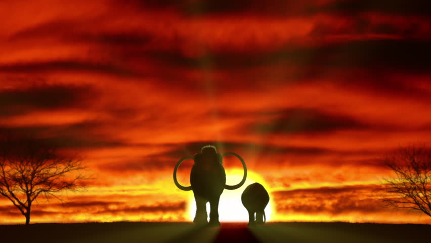 Mammoth mom and son walking towards the sunset