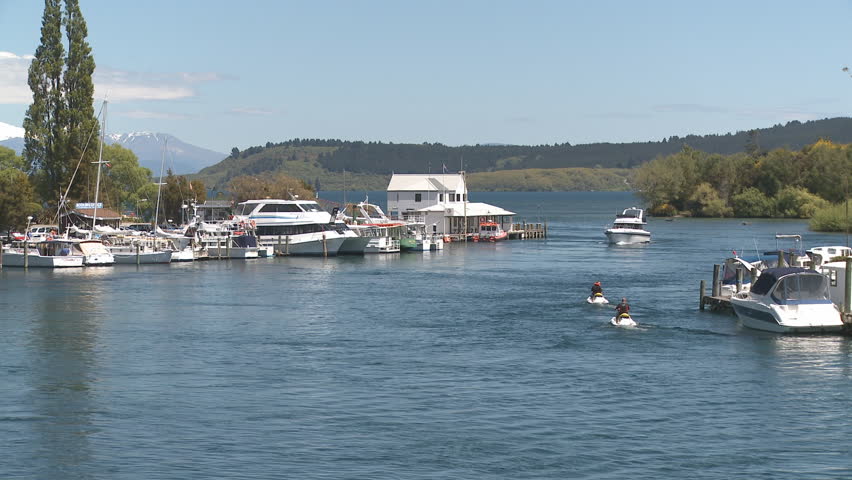 A view of a boat marina on Lake Taupo, New Zealand