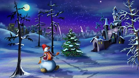 Snowman and Christmas Tree near a Magic Castle in a Fairy tale New Year night with fireworks on background. Handmade animation in classic cartoon style.