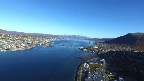 Aerial view of the road in front of the city of Tomso, in north Norway