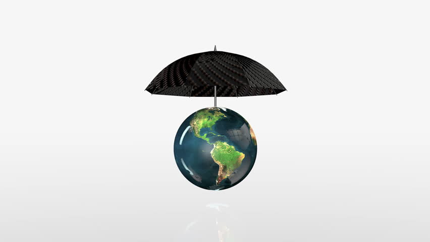 Earth Globe Crashing, golden coins falling on rotating umbrella, Alpha
