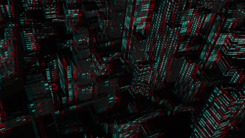 Above City Night Flight, Stereoscopic 3D Anaglyph, Red Cyan