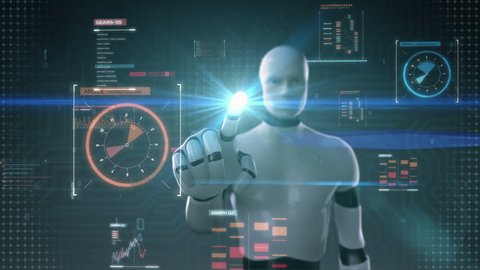 Robot cyborg touching user interface, digital display, grow artificial intelligence