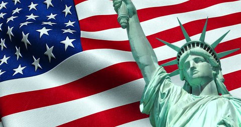 Statue of Liberty of American USA with waving flag in background, united states of america Video stock