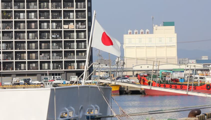 Japanese flag on Japanese ship, at marina 