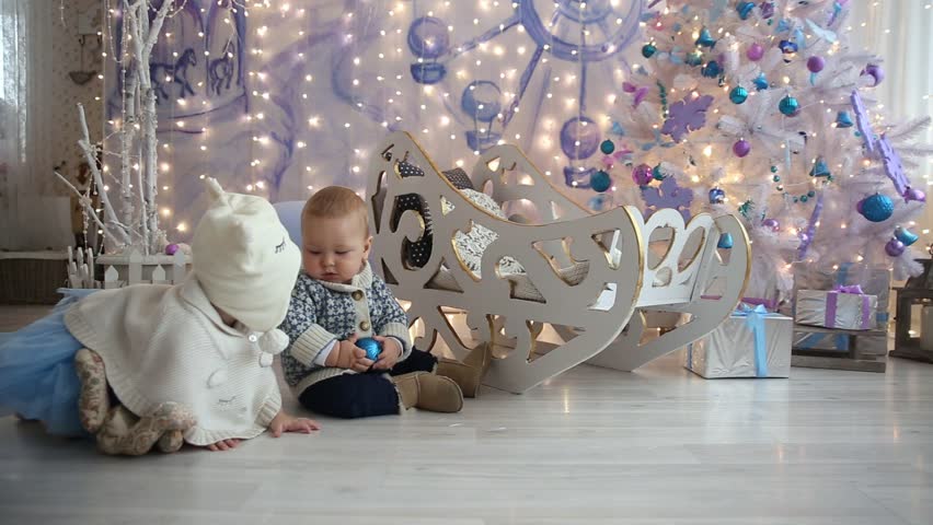 Little boy and girl sleigh Christmas