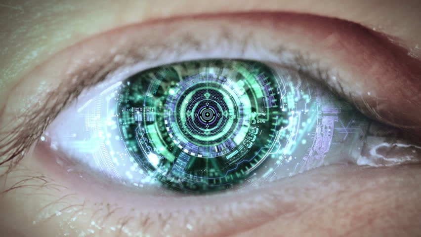 Cybernetic brain. Zooming through eye.