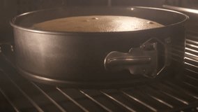 Apple pie in modern stove baking close-up 4K 2160p 30fps UltraHD tilting footage - Slow tilt on greasy electric oven with pot while being heated3840X2160 UHD  video