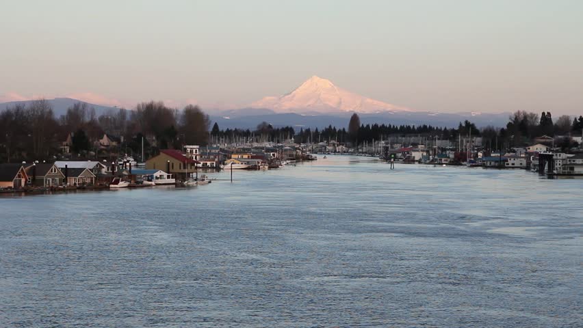 Waterfront Living with house boats with Mount Hood along Columbia River in Portland Oregon 1080p