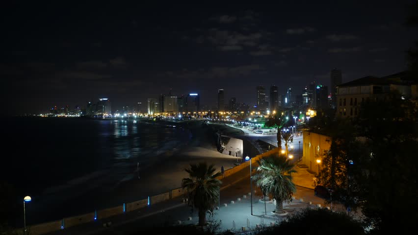 Time lapse of Tel-Aviv sea shore at night time (Israel)