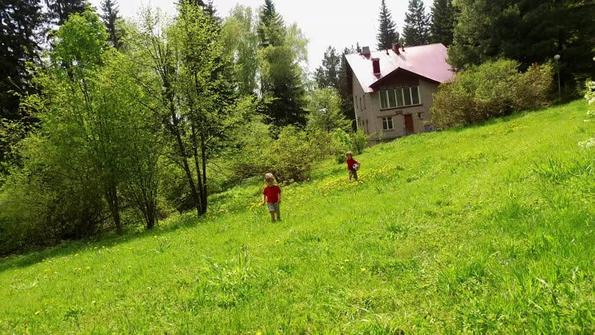 kids having fun on green grass near the house, brothers running around in garden and laughing