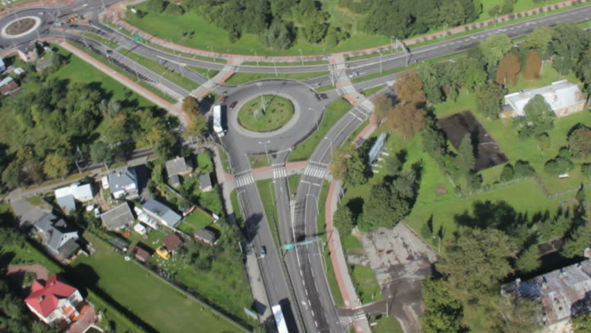 Aerial view of a roundabout in a town 