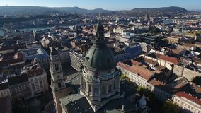 Aerial video shows the St. Stephens Basilica in downtown Budapest, Hungary
