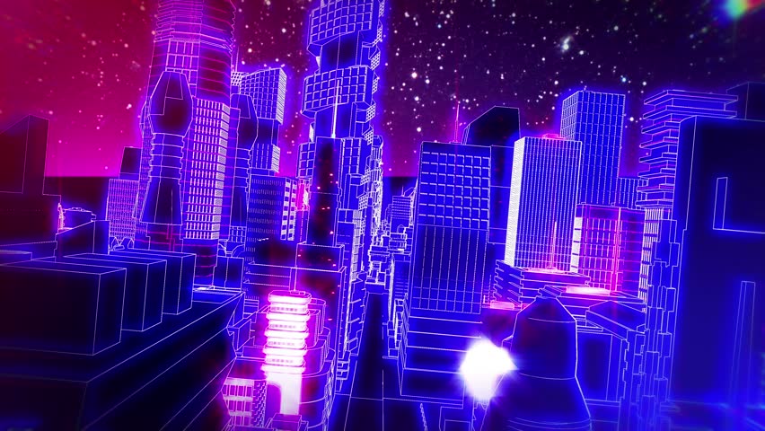 Retro futuristic synth wave cityscape seamless background.