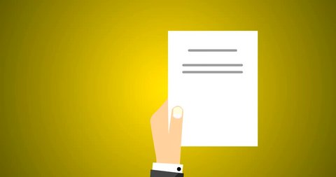 Flat Vector Animation Footage of Business Man Holding Contract Agreement of a Signed Treaty Paper, Legal Document Symbol With Stamp and Documentation in Yellow