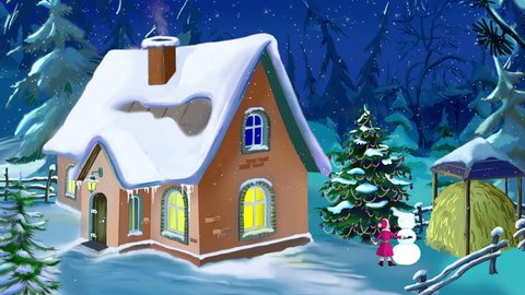 Small House in a Beautiful New Year's Eve. Handmade animation in classic cartoon style.