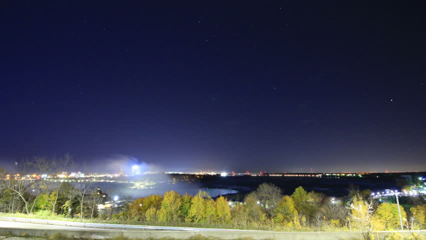 Star trails rotating above Niagara Horseshoe Falls after Illumination Light Show in night sky. Due to light pollution, only few stars are visible. Time lapse 4k video