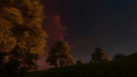 Landscapes with trees and green field. Sunset. Flying clouds. 3D graphics video.