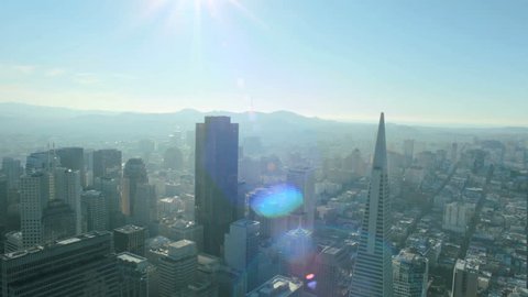 Aerial sunlight view of the Transamerica Pyramid building and the city of San Francisco, California, North America, USA