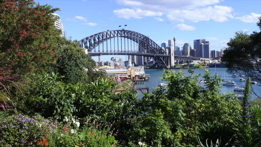 Panoramic view of Sydney Harbour Bridge and Sydney city skyline in New South Wales, Australia.