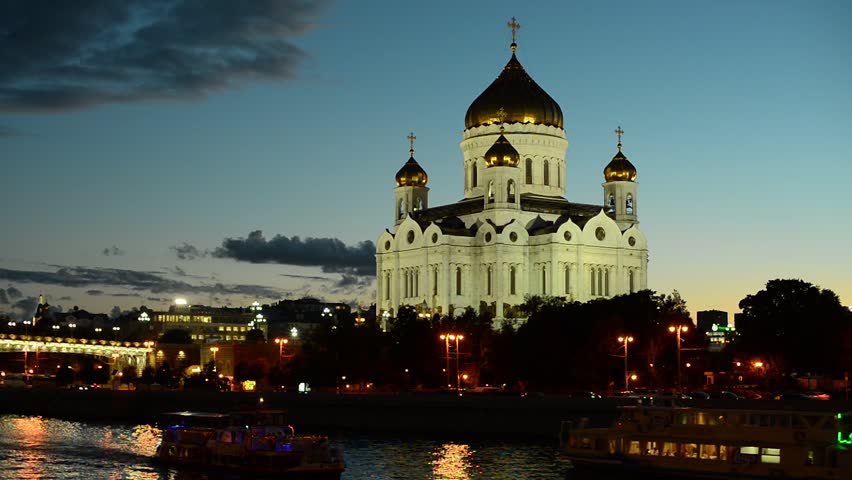 Evening Moscow.  View of the Moscow river and the Cathedral of Christ the Savior.