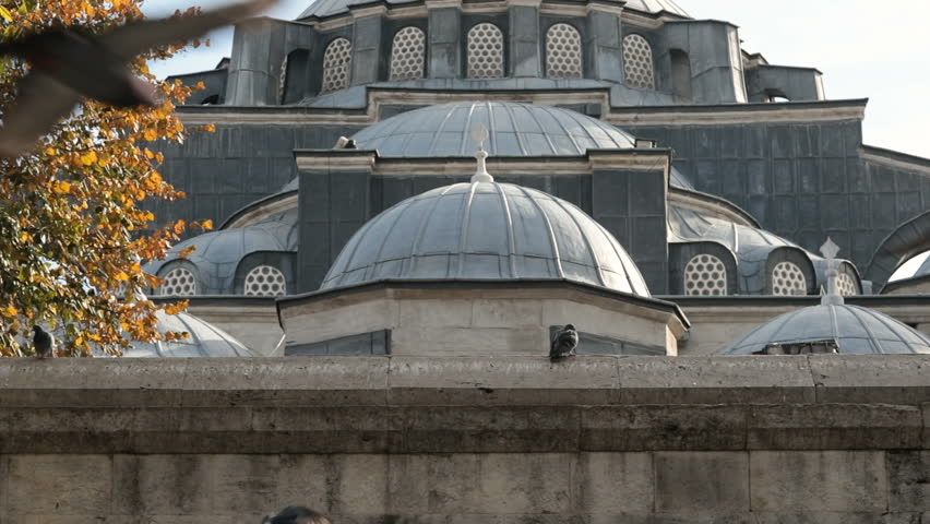 Slow motion footage of flying pigeons near Kilic Ali Pasa Mosque in Istanbul.