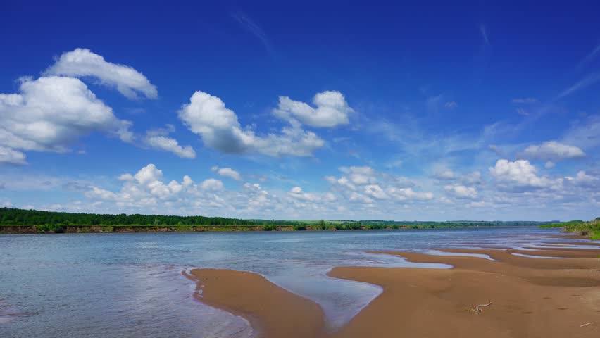 clouds over river, zoom in timelapse 4k